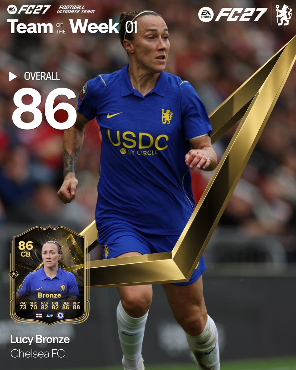 ChelseaFCW's tweet photo. A statement start to the season. 💫
 
Lucy Bronze earns her place in the first @EASPORTSFC #TOTW following a sensational all-round performance👏 #FC27 https://t.co/Ktwb7lsLBU
