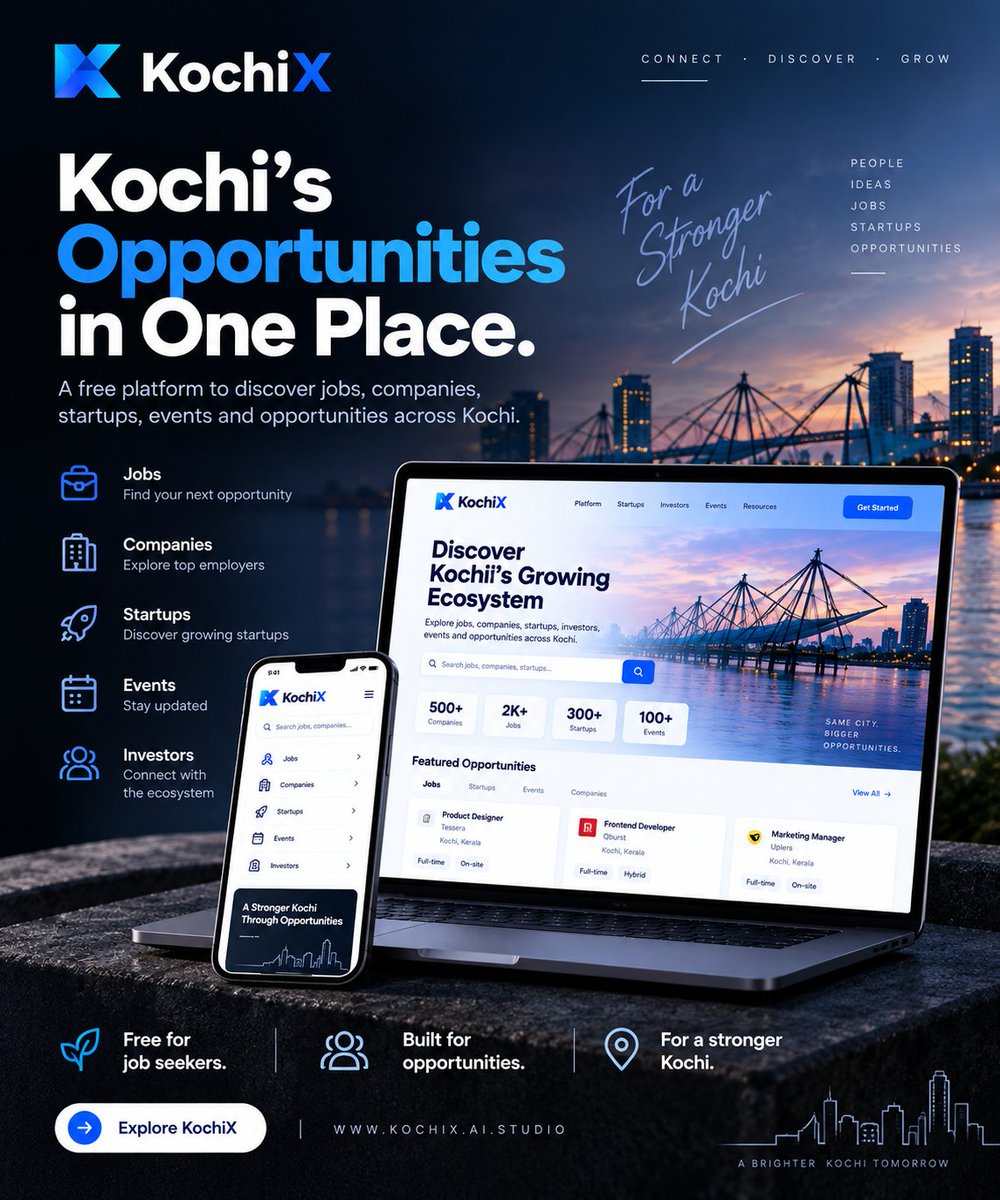 tonybgeorge's tweet photo. I built something for Kochi’s job seekers. 🚀

Finding a good job shouldn’t mean checking 20 different websites and company career pages every day.

So I built KochiX.
https://t.co/JL4ii5yxx1

Jobs, companies, startups, events and opportunities across Kochi, in one place. https://t.co/I2odEQ5mzW