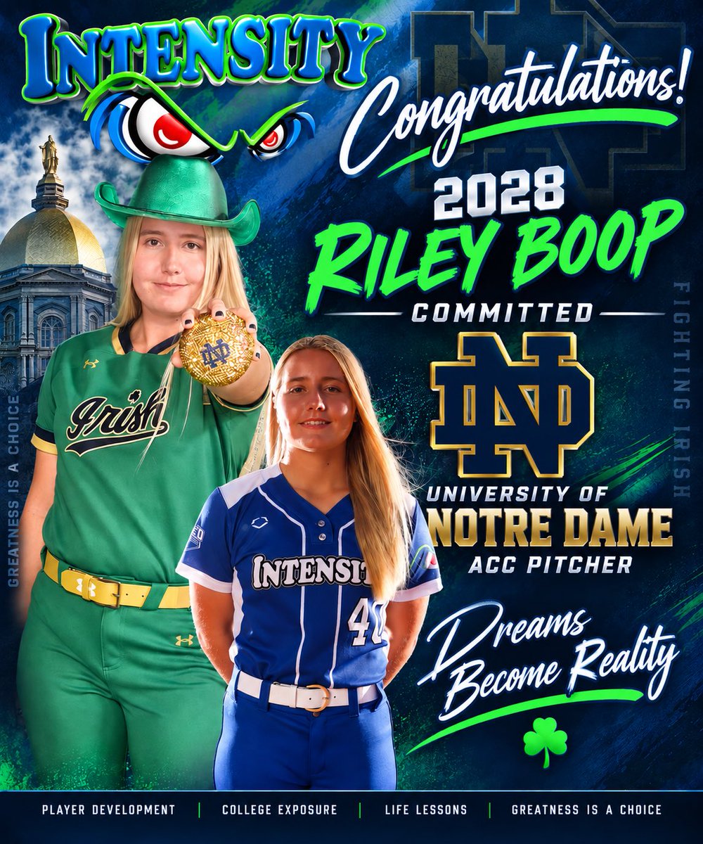 Intensity16uBOD's tweet photo. Congratulations to Riley Boop, the 29th Intensity athlete to commit to the University of Notre Dame! ☘️🥎

We are so proud! Dreams become reality! ☘️💙💚

Greatness is a Choice. Champions Are Made Here. #IntensityFamily #GoIrish #NotreDameSoftball https://t.co/bnbRV1lyhx