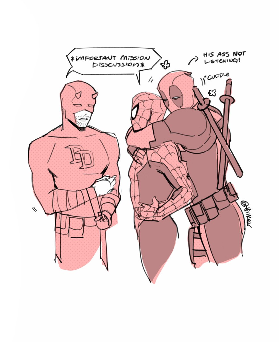 hiikeu's tweet photo. More team red and it’s daredevil happily third wheeling and spiderman and deadpool doing whatever they be doing lol https://t.co/o6TxIVIbcU