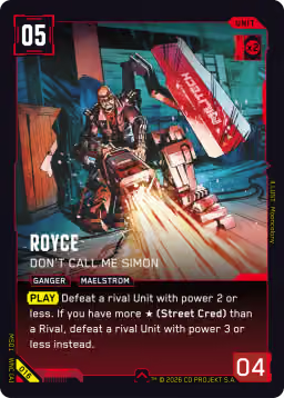 Choomgg's tweet photo. π CARD OF THE DAY π
Royce β Don't Call Me Simon
Unit β’ Red β’ Cost 5 β’ RAM 2 β’ PWR 4
What's the play -- auto-include, tech pick, or bench it? Drop your take π
https://t.co/kQKP8LyPvV
#CyberpunkTCG #ChoomGG https://t.co/Q7wtVXYPU4