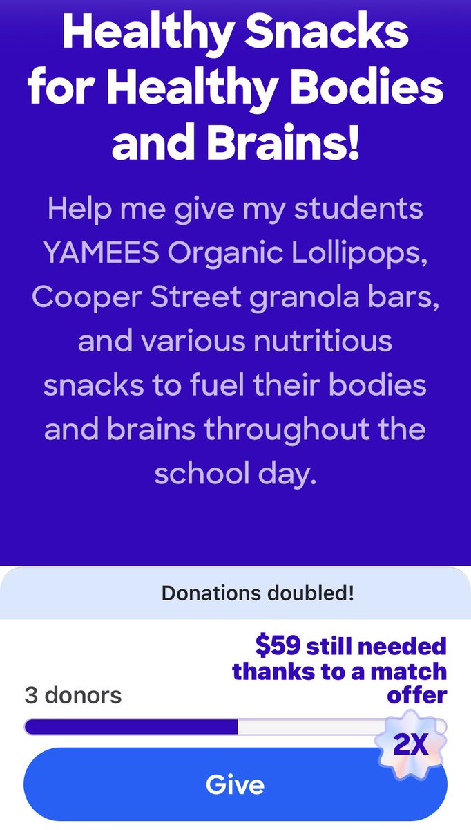 chesser_johanna's tweet photo. I wrote a small project to replenish snacks for my students.  
$59 is needed to complete..
#pleaseshare 
#DonorsChoose 
#HealthAwareness 
#pleaserepost 
#helpinghands 

https://t.co/fF38Lgug3E https://t.co/rkGIRJS2c4