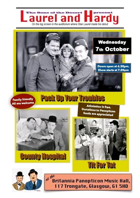 laurelHardyNews's tweet photo. If you have nothing else to do on 07/10/26 #PackUpYourTroubles &amp; pay Ollie a visit at the #CountyHospital in @BritPanopticon, Glasgow, Scotland.  Doors open 18.30, mayhem from 19.00.

#LaurelAndHardy
#StanAndOllie
#StanLaurel
#OliverHardy
#JamesFinlayson
#CharlieHall
#MaeBusch https://t.co/yxAqzacD1y