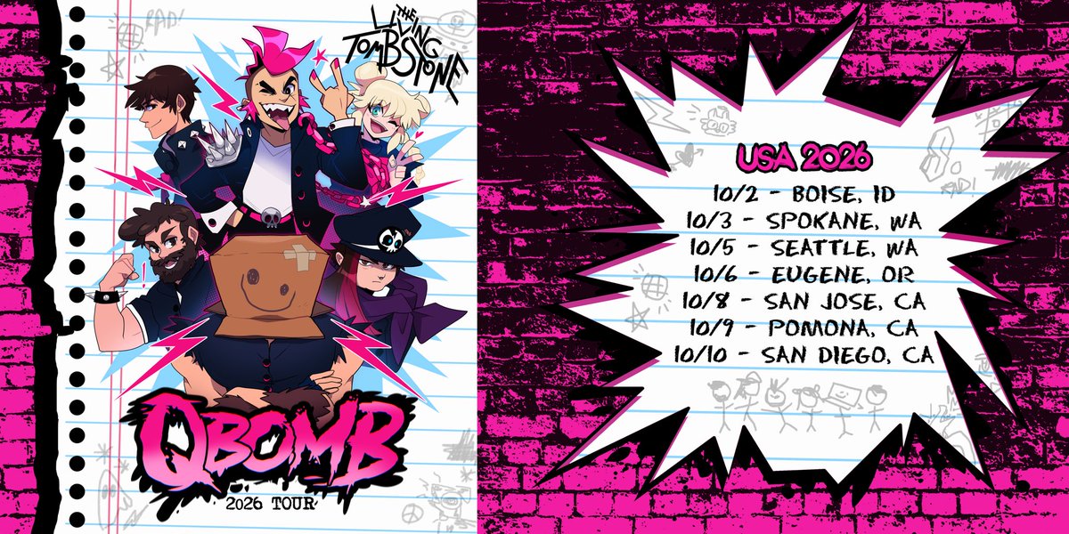 QbombBand's tweet photo. Thanks for inviting us on tour again @LivingTombstone 🧡🎮🎮🩷 

Art by @Tabrakadabra https://t.co/oJsvCTb4xI