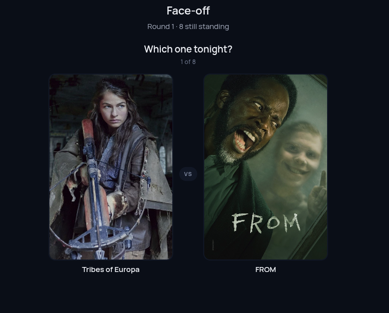 FlickToApp's tweet photo. 4/5⚔️ The Ultimate Face-Off
Once everyone swipes left or right, the host launches a bracket-style Face-Off for all your mutual matches!

Everyone votes head-to-head on sets of two. The highest-voted picks advance round-by-round until only 1 winner remains. 🏆 https://t.co/nNDyVeMfy7