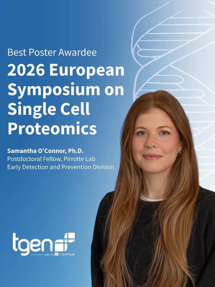 TGenResearch's tweet photo. Congratulations to TGen's Samantha O'Connor, PhD, a postdoctoral fellow in the Pirrotte Lab, part of the Early Detection and Prevention Division.

Dr. O'Connor received the "Best Poster Award" at the 2026 European Symposium on Single Cell Proteomics in Vienna. https://t.co/1mmLKrYT3g