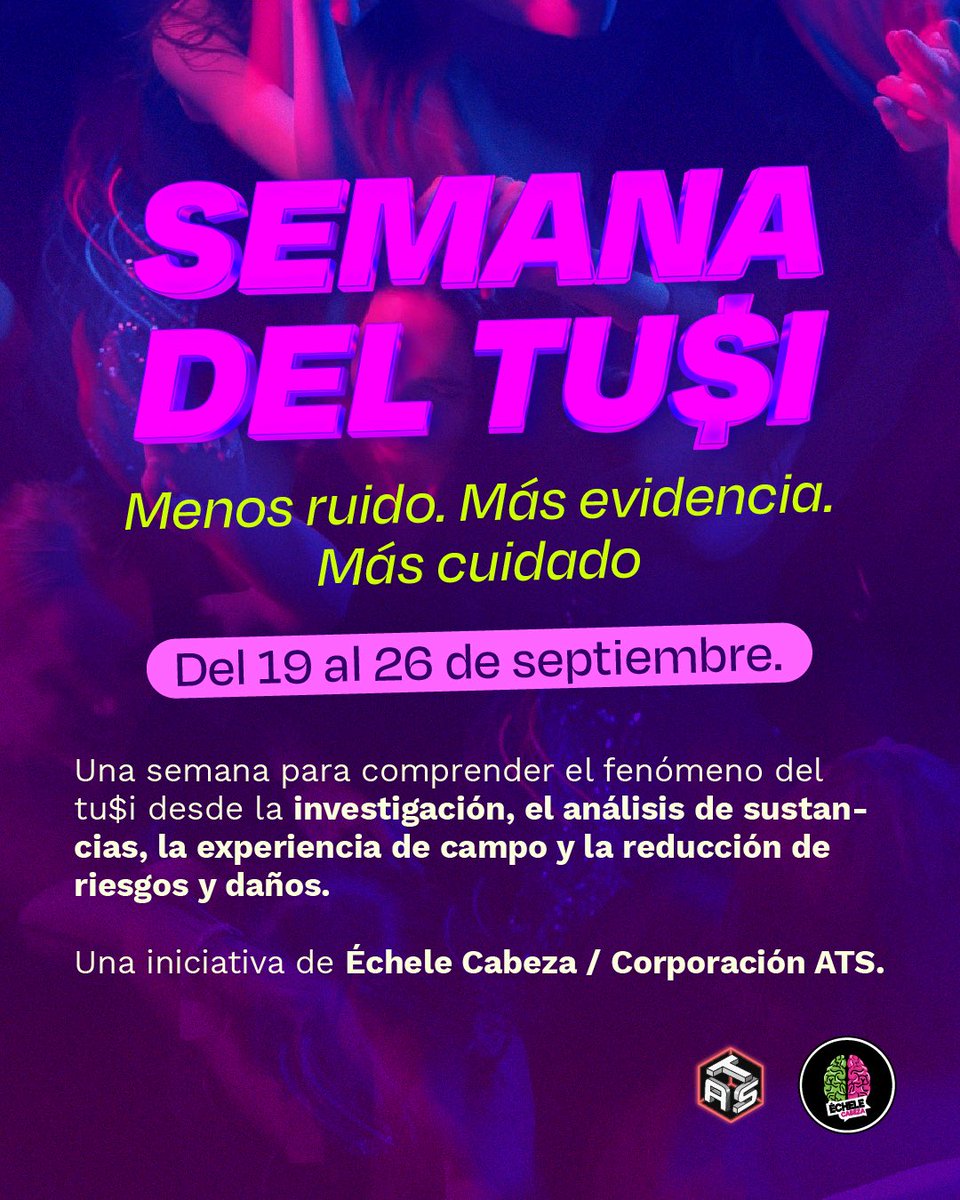 echelecabeza's tweet photo. Atención Colombia y Latinoamérica llega la #SemanadelTusi

La mayoría de lo que se repite sobre el tu$i en redes ya lo hemos escuchado mil veces: titulares alarmistas, pánico moral, mitos y opiniones que se disfrazan de evidencia. 🤫🚨

Mientras tanto, en la fiesta siguen circulando mezclas variables, consumos a ciegas y muchas preguntas sin respuestas claras. La salud y la institución actuan para castigar el tr4fico y atender el daño. Pero debemos anticiparnos desde antes del consumo y de la mano con los usuarios.
