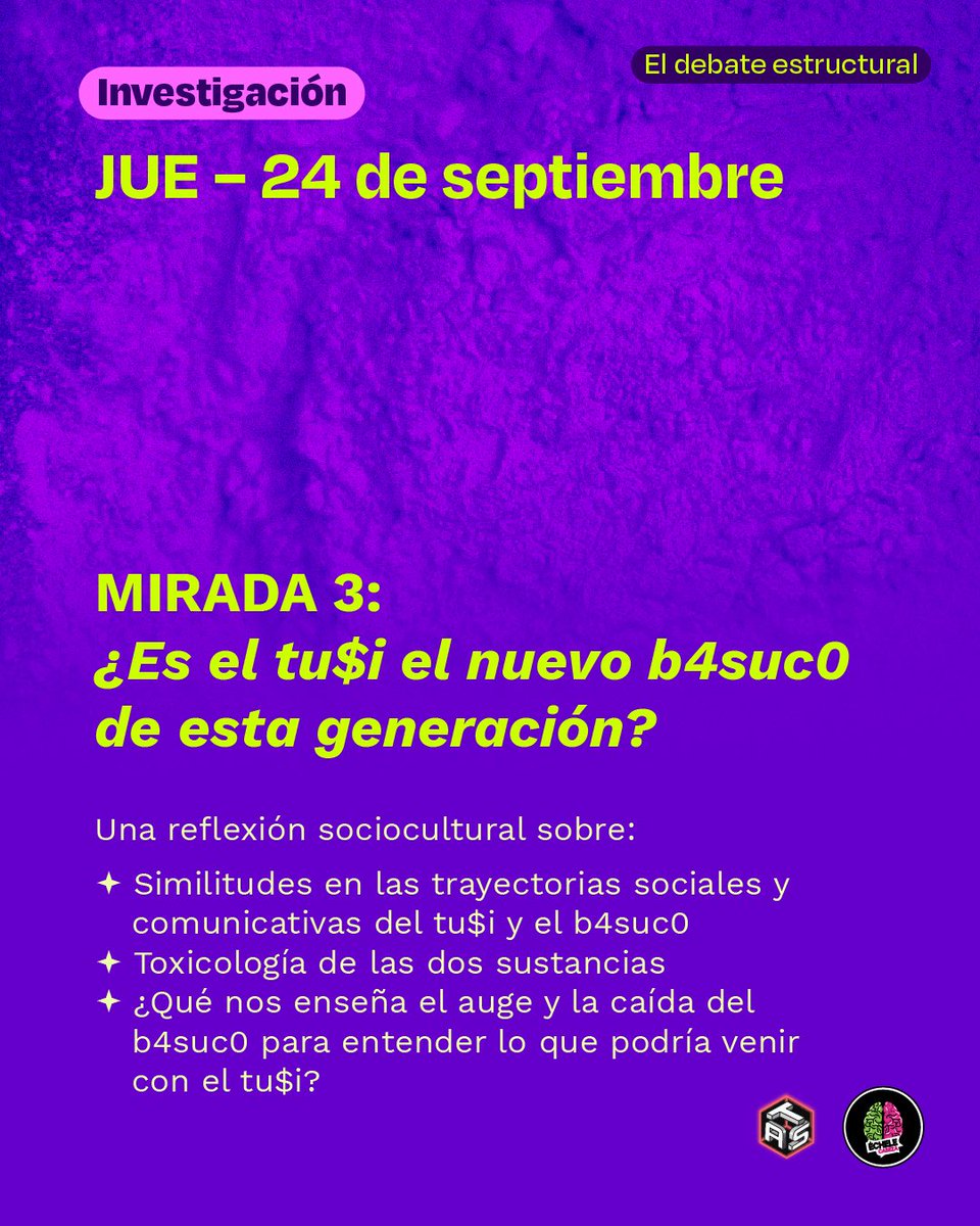 echelecabeza's tweet photo. ¿cómo entenderlo, cómo gestionarlo y cómo reducir sus riesgos de verdad? 🤔⚠️ 

Desde 2012 venimos investigando y documentando la evolución del fenómeno del tusi en Colombia. Hoy, con más de 4.000 muestras analizadas y años de trabajo en territorio, tenemos mucho más que opiniones: tenemos evidencia. 🧪🔬📊

Por eso llega la SEMANA DEL TUSI de Échele Cabeza (19 al 26 de septiembre) 🗓️🧠: 

✦ Radiografía química: ¿tendencias y novedades en qué contiene hoy el tu$i según miles de análisis de laboratorio reales? 🧪🔍 

✦ Fenomenología y significados de la embriaguez mediada por el tusi.

✦ El debate incómodo: ¿Podría ser el tu$i el nuevo b4suc0 de esta generación? 🤯💬