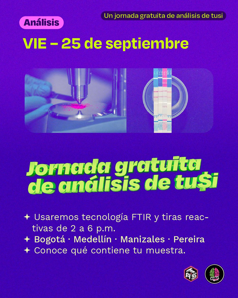 echelecabeza's tweet photo. ✦ Herramientas de calle: Caja de intervención para gestionar el tu$i en comunidades, barrios, alcaldías y colectivos 📦🏘️. 

✦ Jornadas de análisis gratuitas de análisis con FTIR y tiras reactivas 

✦ Formación virtual (4h): Manejo clínico, farmacología y toxicología para profesionales y estudiantes del sector salud 👩‍⚕️👨‍⚕️📚. 

Frente al consumo no sirve taparse los ojos ni asustarse; sirve la evidencia, el cuidado colectivo y la sensatez 🤝🛡️. 

🔗 Inscripciones abiertas a la formación aqui https://t.co/a8ZY3NYfqz…

📌 Guarda este post, compártelo con tu parche de fiesta o con quien trabaje en salud, y cuéntanos tus dudas en los comentarios 👇💬 

#ÉcheleCabeza #SemanaDelTusi #ReducciónDeDaños #SaludPública Toxicología DrogasSinMitos ReducciondeRiesgos @MarcelaBrunV @acciontecnica @AnaVesga_G