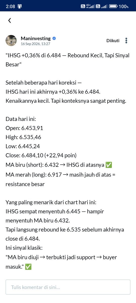 naylaamoon's tweet photo. Drama intraday IHSG! 🎢 Turun di awal ditarik naik sampai close 6.484. Bertahan di atas MA krusial itu sign bagus. Peluang swing terbuka! 🌤️🐂 #AplikasiAjaib #IHSG #DayTrading https://t.co/shyPFkfbfz