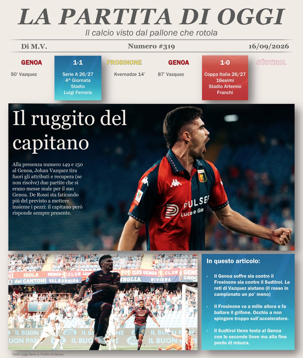 MV_05_'s tweet photo. Il #Genoa sta vivendo un momento complicato: tanta fatica sia in #SerieA e in #CoppaItalia. L'unica salvezza che ha portato due risultati utili consecutivi è il capitano #Vazquez, che dà l'esempio e prova a tirare fuori dalle tenebre la sua squadra. https://t.co/SYc0WIOffP