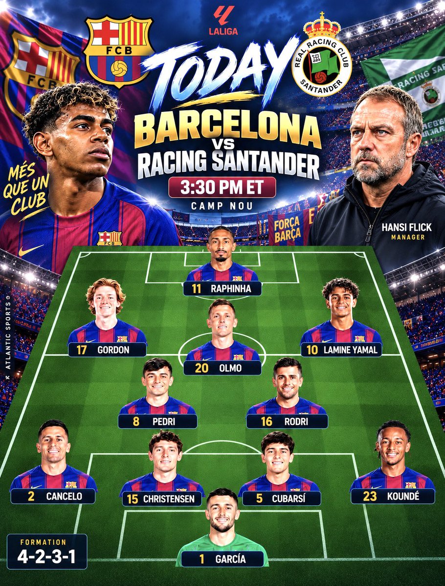 AtlanticSportz's tweet photo. 🔥 Barcelona’s Possible XI vs Racing Santander Today!
.
.

#FCBarcelona #LaLiga #Barca #Barcelona #AtlanticSports https://t.co/4VwODllMCu