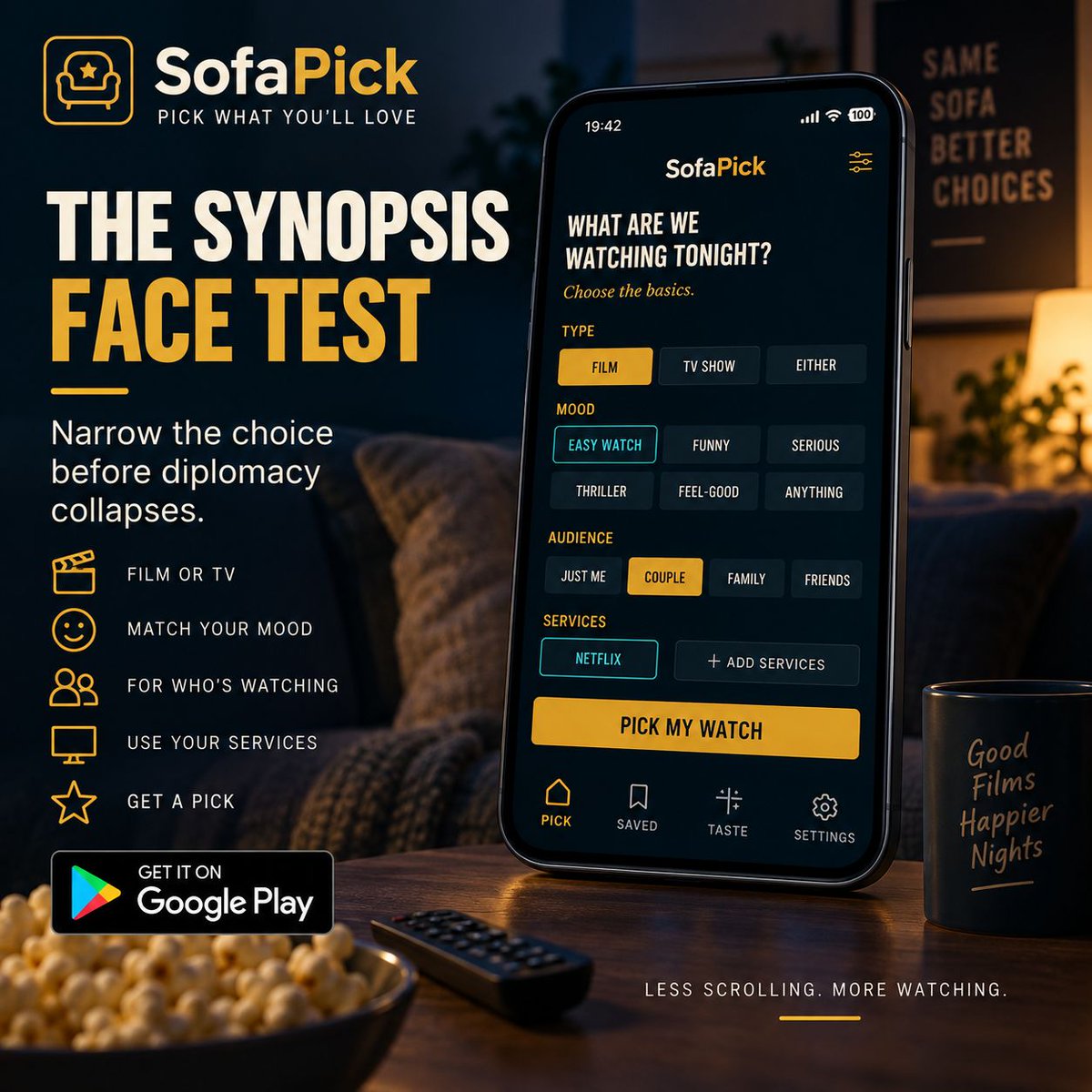 LynxDigitalApps's tweet photo. Movie night has reached the “read the synopsis out loud and watch everyone’s face” stage.

SofaPick helps narrow the choice before diplomacy collapses.

On Google Play:
https://t.co/kK9GFSvUPa https://t.co/96YwzJHXAF
