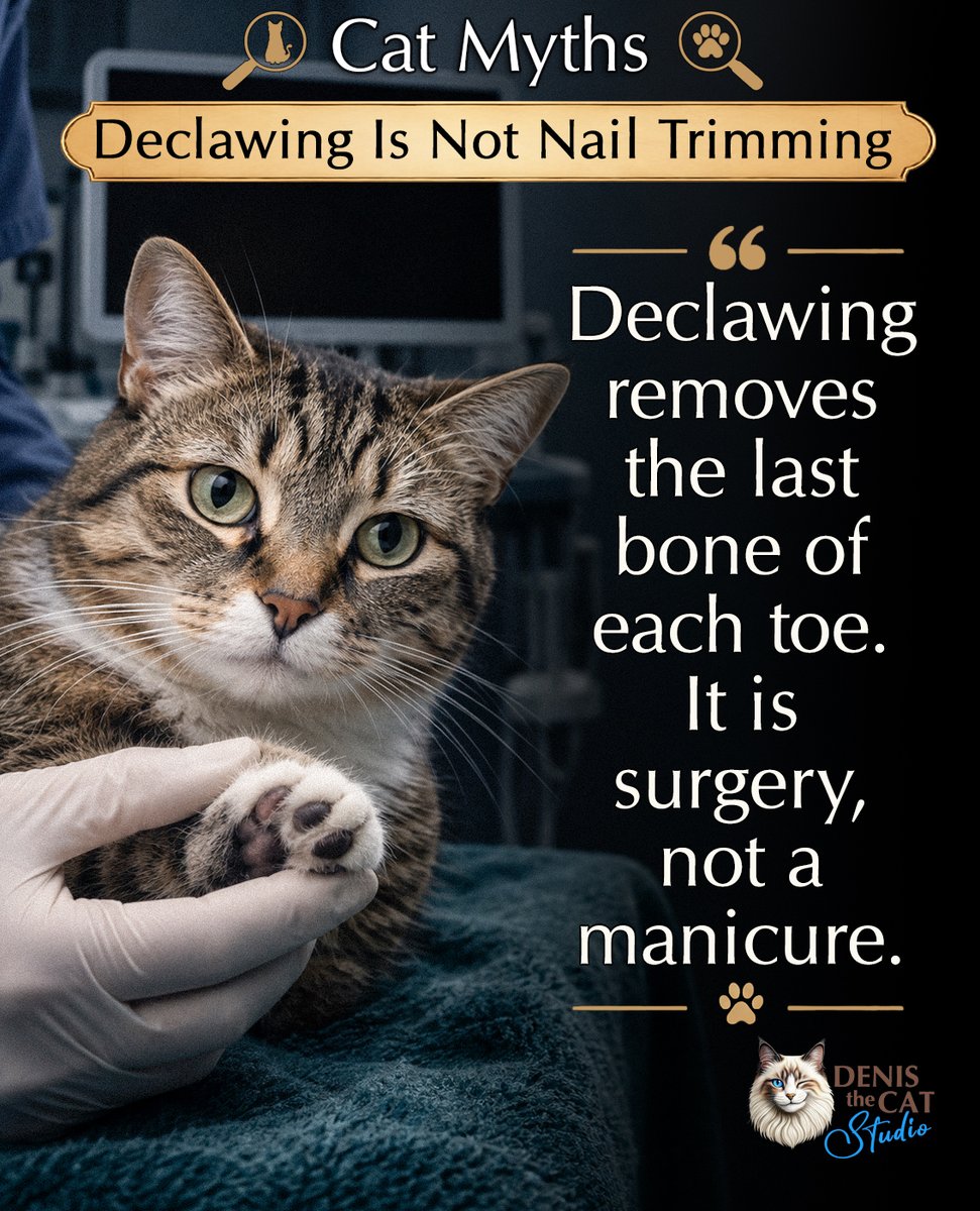 DenisTheCatStd's tweet photo. Mes amis, declawing is not a nail trim—it removes the last bone of each affected toe. Scratching is natural. Try safe nail trims, sturdy scratchers, furniture protection, and veterinary guidance. What works in your home?
— Denis The Cat

#DenisTheCatStudio #CatMyths #CatDeclawing https://t.co/9uoEhod3P9