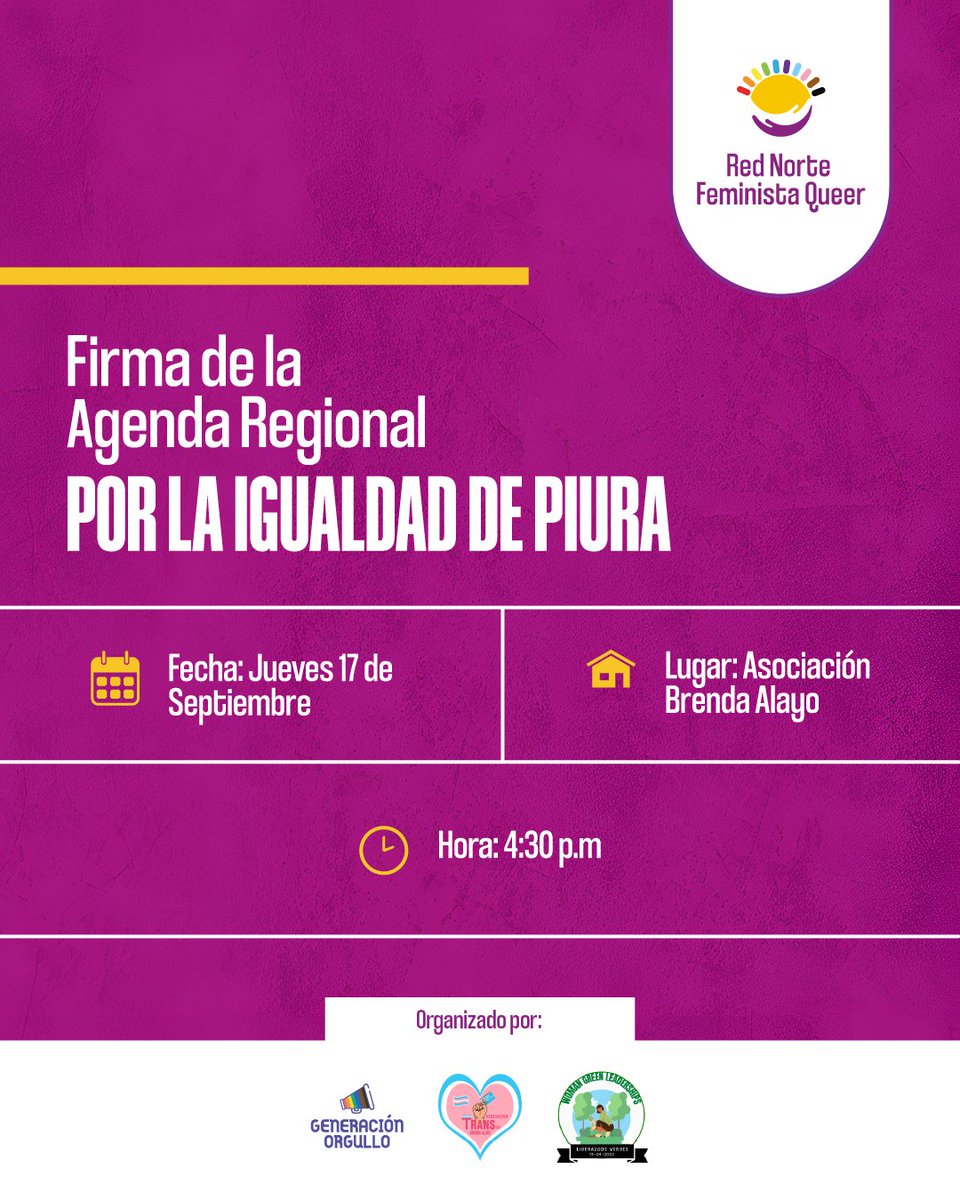 generaorgullo's tweet photo. 📣 Candidaturas al Gobierno Regional de Piura escucharán las demandas por la igualdad y no discriminación construidas por juventudes de la macrorregión norte.

Además, asumirán compromisos públicos con la población LGBTQ+ y mujeres en su diversidad de nuestra región. https://t.co/83iMqDpIyf