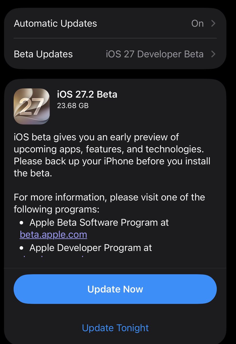 beau_colledge's tweet photo. Where’s iOS 27.1 beta https://t.co/mvHi6jB2me