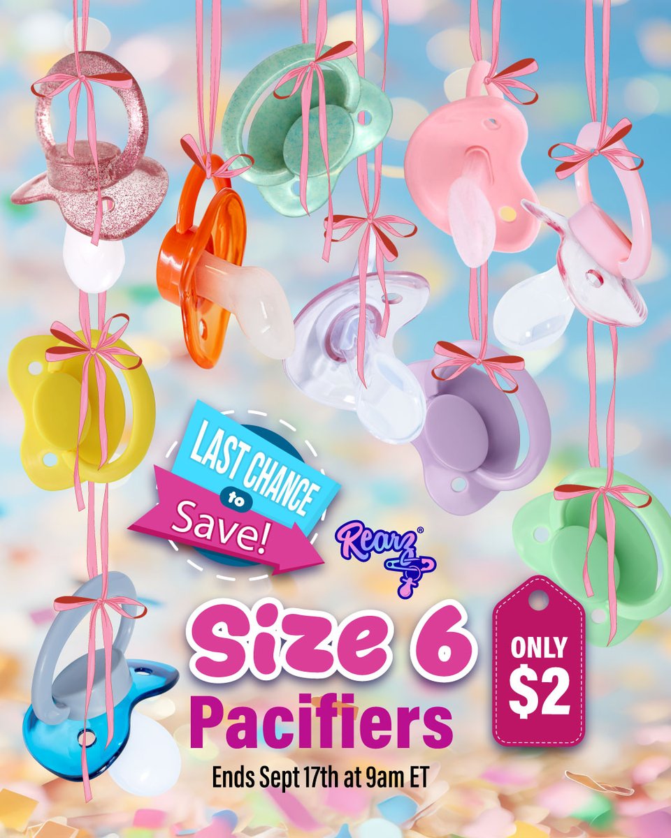 RearzInc's tweet photo. Time is running out to save on size 6 pacifiers! Grab them now until Sept 17th at only $2! 

https://t.co/4Xkcqx0VgA

#pacifieraddict #rearzpacifiers #adultpacifiers #adultsoothers #abdlcommunity https://t.co/YnBHGlwgcK
