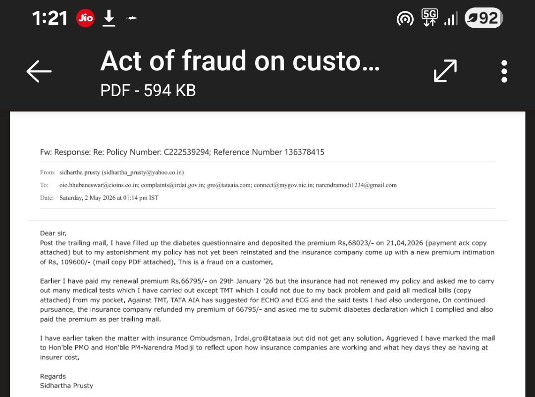 Sid_1972's tweet photo. @TataAIA_Life @irdaindia @FinMinIndia @TataCompanies I have sent mail to all but did not get any result. @PMOIndia https://t.co/tExsL33Bj9