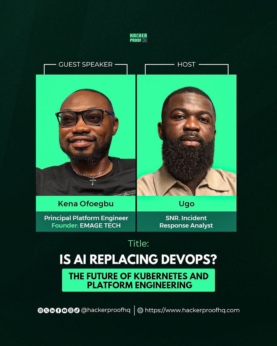 HackerproofHQ's tweet photo. New Podcast Episode is Live!

What does it really take to build a career in DevOps, Kubernetes, and platform engineering?

Kena Ofoegbu, Platform Engineer, joins us to discuss his journey into tech, Kubernetes, DevOps, and the evolving skills companies are looking for. https://t.co/m8bbfFMFos