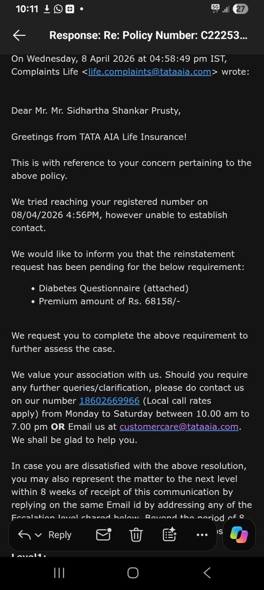 Sid_1972's tweet photo. @TataAIA_Life @irdaindia @FinMinIndia @TataCompanies I have sent mail to all but did not get any result. @PMOIndia https://t.co/tExsL33Bj9