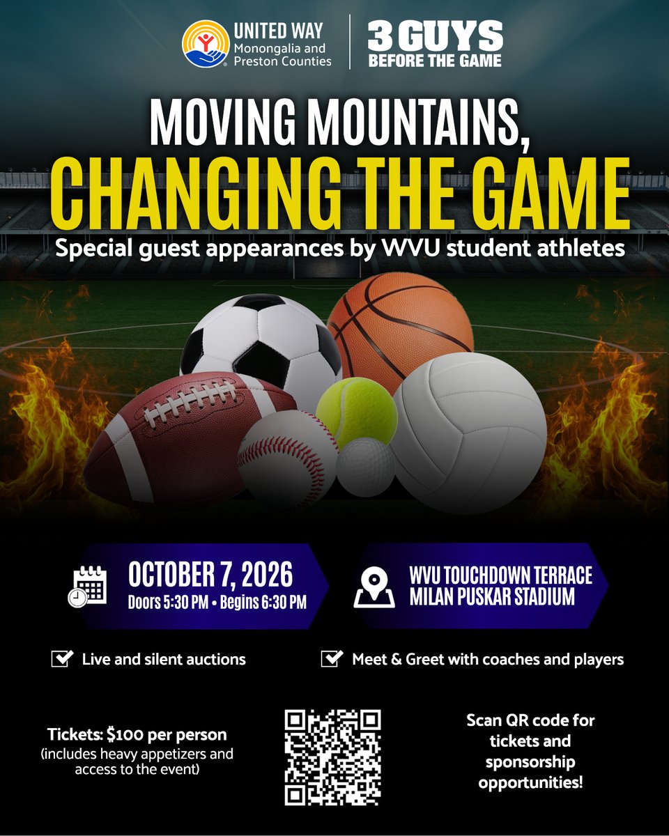 unitedwaympc's tweet photo. Join us for Moving Mountains, Changing the Game!
Hear from WVU coaches and players, bid on exciting silent and live auction items, and experience #ThePowerOfUs as we come together to strengthen our community.

For tickets and sponsorship opportunities: https://t.co/7yDPz9SRWo https://t.co/IwGdr86xYs