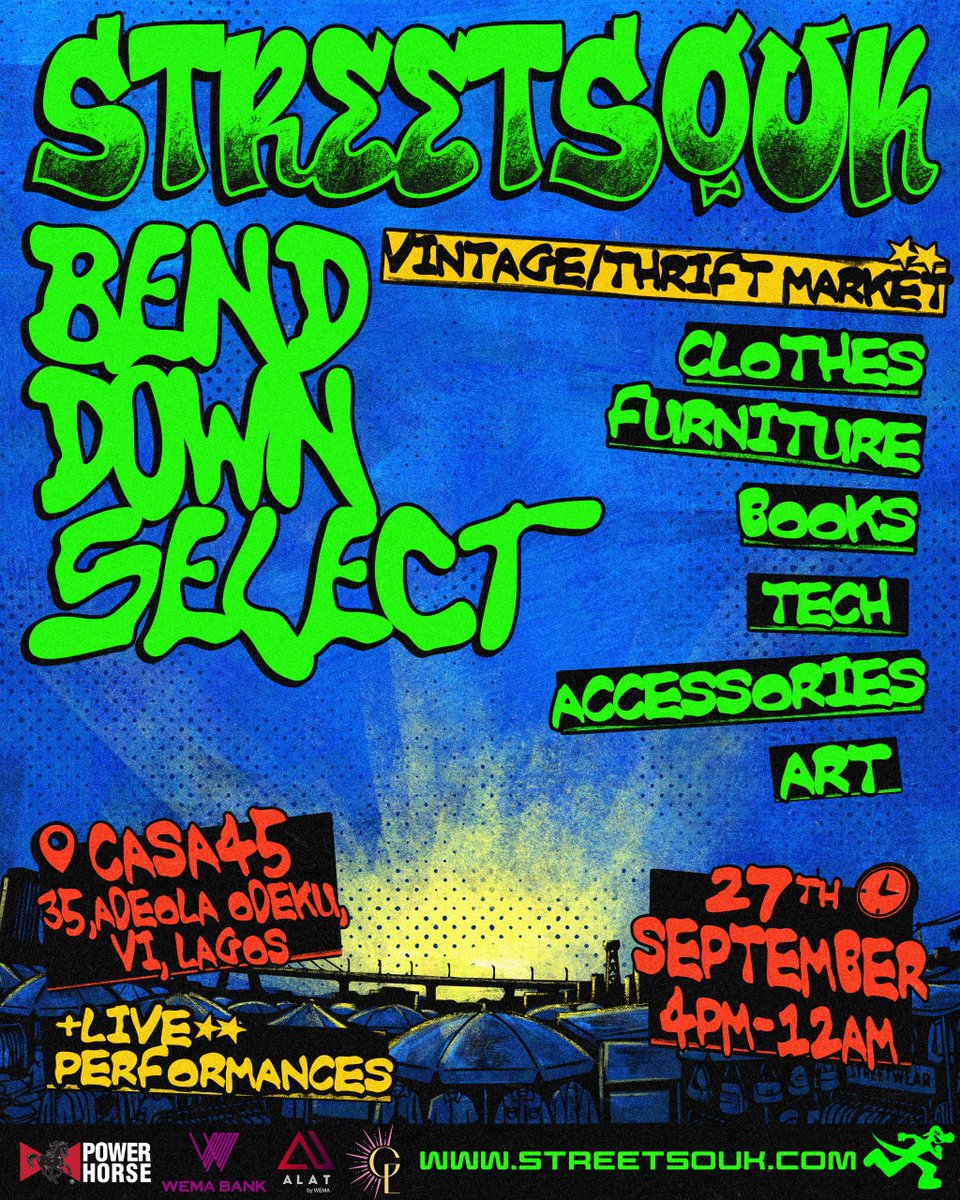 streetsouk's tweet photo. 🚨BEND DOWN SELECT🚨

A new vintage thrift marketplace experience is hitting Lagos. 🛍️🔥

The best finds, Live performances, and Activations all in one place.

📍 Casa45, 35 Adeola Odeku, VI
🗓️ September 27th
🕣 4PM – 12AM

🎟️ Tickets are OUT NOW; https://t.co/W3HzImRrK9 https://t.co/F6IWIyHDeo