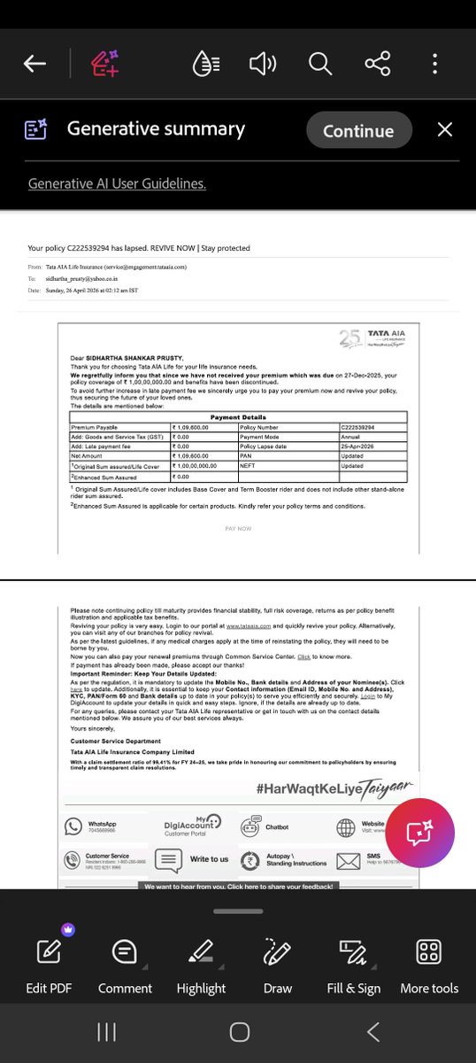 Sid_1972's tweet photo. @TataAIA_Life @irdaindia @FinMinIndia @TataCompanies I have sent mail to all but did not get any result. @PMOIndia https://t.co/tExsL33Bj9