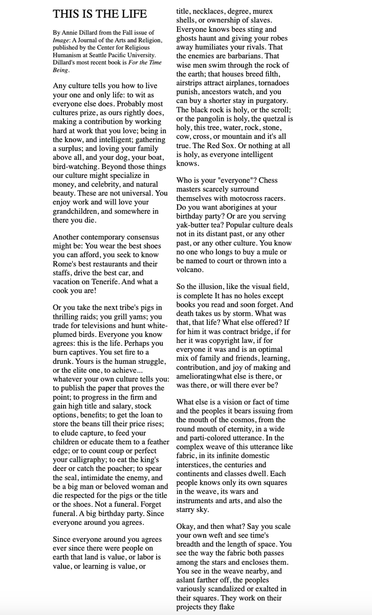PeterBrannen1's tweet photo. RIP to Annie Dillard, whose work frequently left me unable to speak sensibly for several minutes after reading it. This essay, This Is The Life, was my entry point to her work https://t.co/HrArUf4ChS