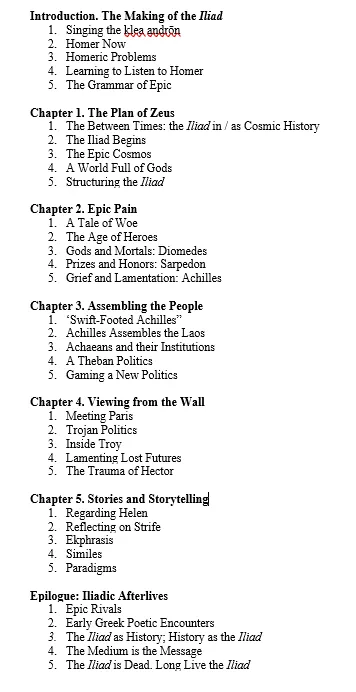 sentantiq's tweet photo. have been fighting about Homer less because while the Odyssey discourse has been fading, @eltonteb and i finished an introductory book on the Iliad that we finished today (with research help from @beccafrankel)

Here's the TOC https://t.co/vHEzq569T7