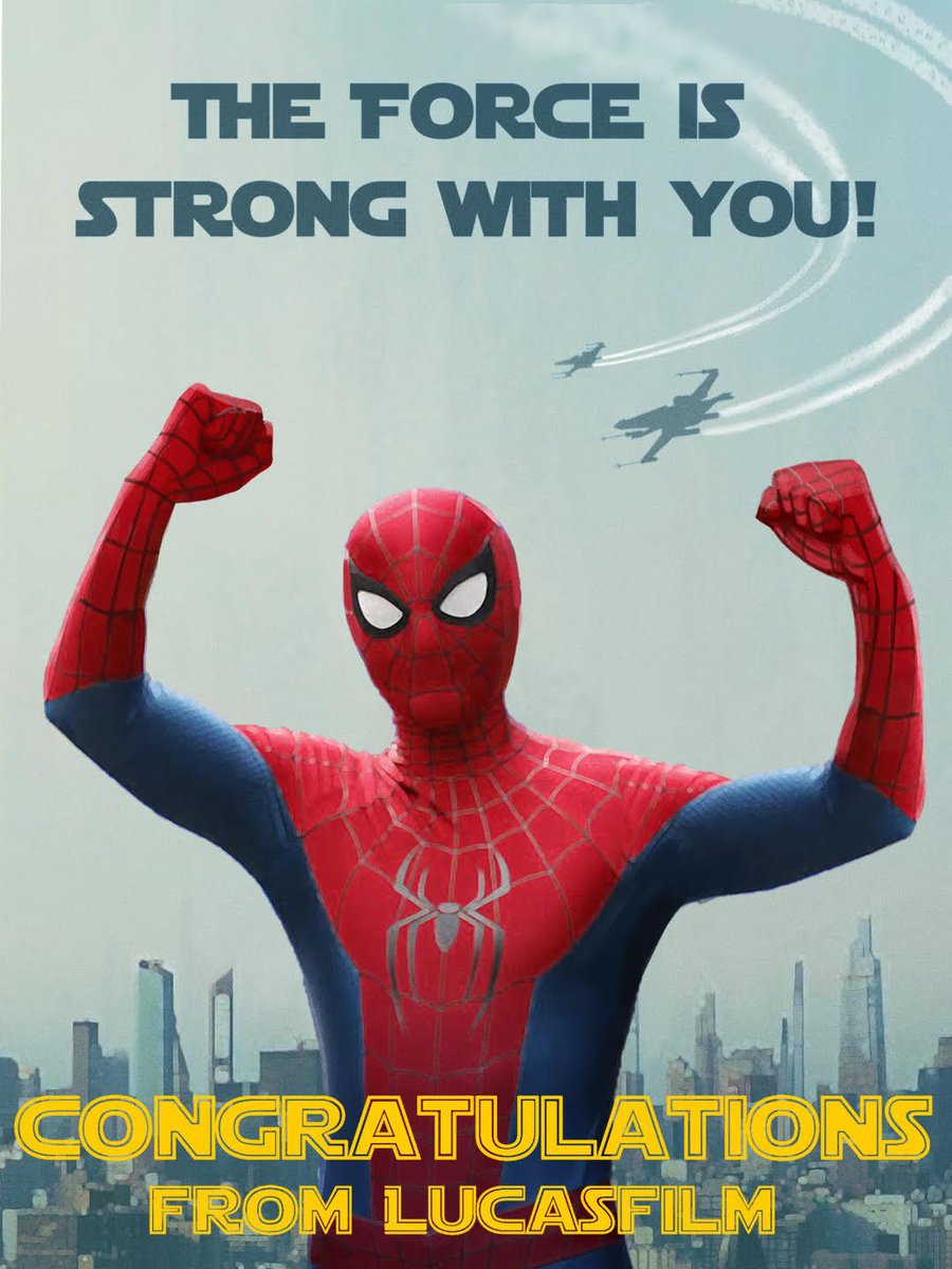 starwars's tweet photo. Impressive. Most Impressive.

From a galaxy far, far away, everyone at Lucasfilm sends massive congratulations to Destin, Tom, everyone at Sony Pictures and Marvel Studios and the entire team behind Spider-Man: Brand New Day on setting a new domestic box office record and taking the crown from Star Wars: The Force Awakens.