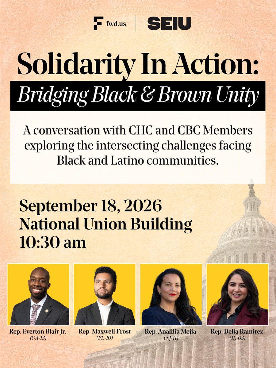 FWDus's tweet photo. THIS FRIDAY, @SEIU and @FWDus will host a conversation with @RepMaxwellFrost, @RepAnalilia, @repdeliaramirez, and @repevertonblair to explore the intersecting challenges facing Black and Latino communities.

📅 Friday, September 18
⏰ 10:30
🔗RSVP below! https://t.co/JNuBYaRo6i