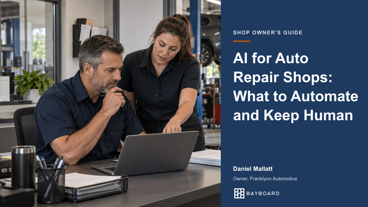 BayBoardhq's tweet photo. Where could AI help in your repair shop this week?

Drafting customer replies, answering after-hours calls, researching equipment, and finding approved procedures are practical starting points.

Our founder @dan_mallatt put together a guide based on his experience running a shop. https://t.co/sPGnU1kaEg
