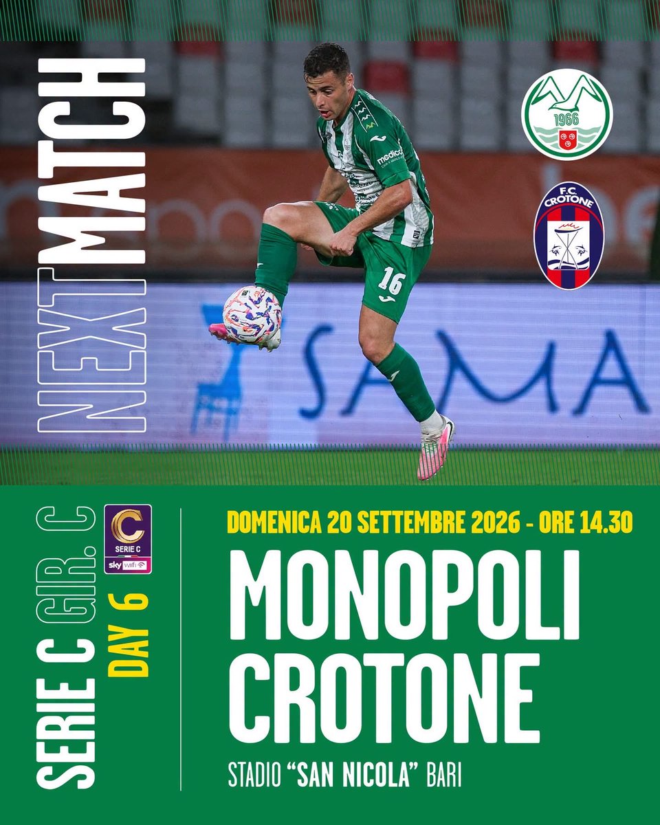 MonopoliCalcio's tweet photo. 🟩 NEXT MATCH 🟩
Serie C Sky Wifi - Giornata 6
con Crotone a Bari
20.09.2026 / ore 14,30 https://t.co/B6uiRyq4gD