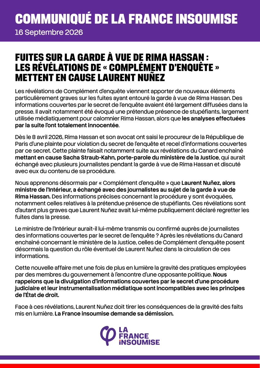 FranceInsoumise's tweet photo. Fuites sur la garde à vue de Rima Hassan : les révélations de « Complément d’enquête » mettent en cause Laurent Nuñez

Retrouvez le communiqué de la France insoumise ⤵️
👉 https://t.co/XTxJioYSsj https://t.co/n8VkgULOV5