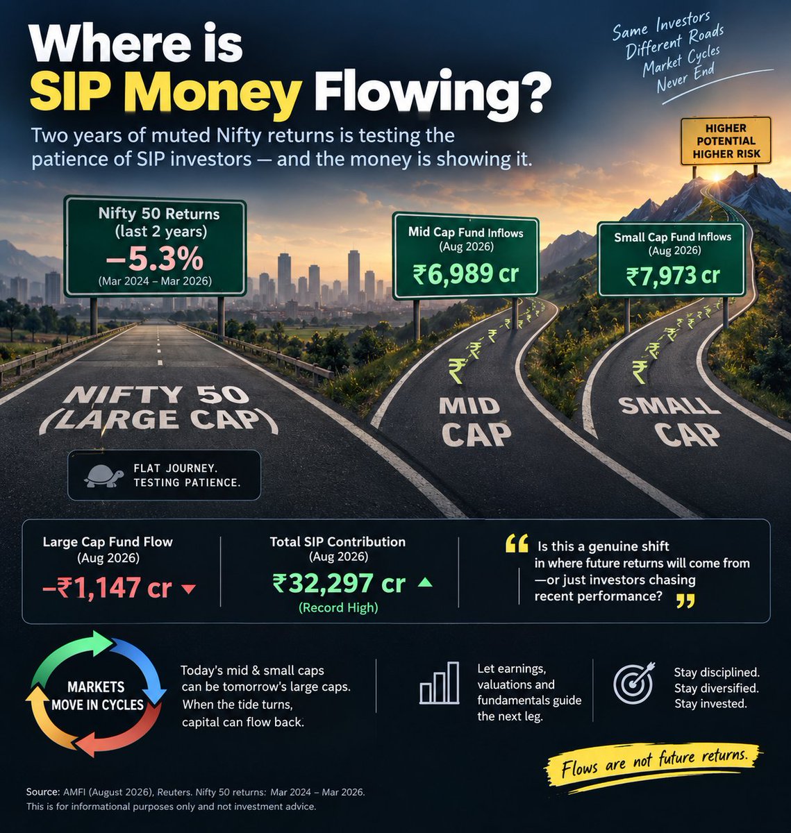 sitikanthan's tweet photo. 2 years of muted Nifty returns are testing SIP investors’ patience. Money is flowing into mid &amp; small caps. But is it a genuine shift—or performance chasing? Markets move in cycles. When the tide turns, capital can flow back to large caps. #Nifty50 #SIP https://t.co/TgfVP6YEzU