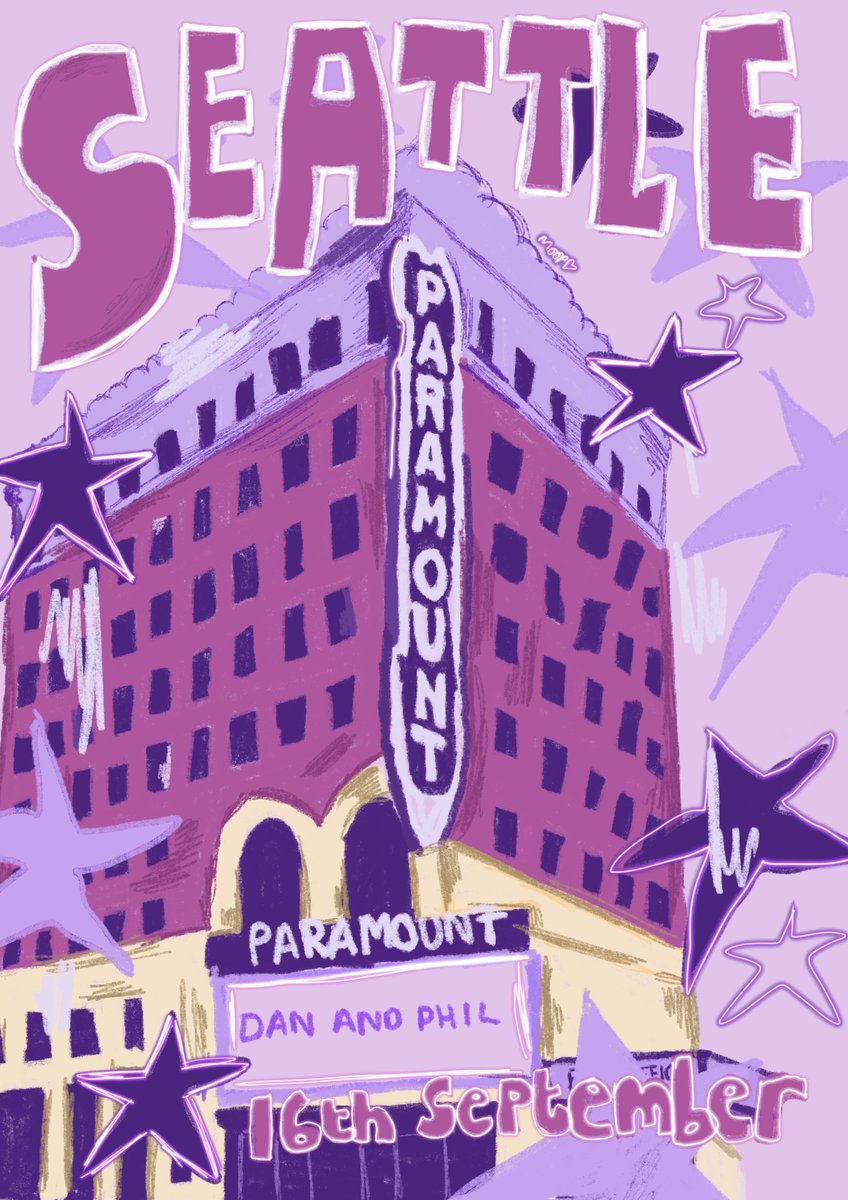 phealhowlter_'s tweet photo. happy first hard launch show day!! ive missed doing dnp art, so im back for tour😌 i love collecting postcards so decided to do postcard inspired tour venue art, with (hopefully) one per venue! of course its me so they'll be fun colours with many doodles,  starting with Seattle💜 https://t.co/nsyn62oe4k