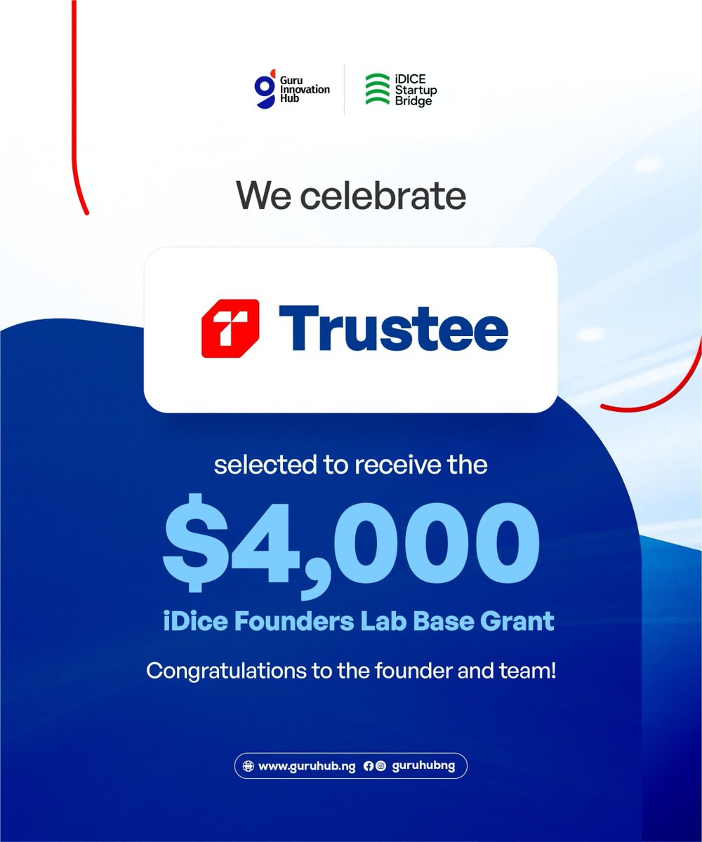 guruhubng's tweet photo. Two startups. Two grants. 

Congratulations to Trustee and MomAlert on receiving $4,000 iDICE Founders Lab Base Grants each.

Another win for Cross River’s growing innovation ecosystem. 

#iDICE #FoundersLab #GuruInnovationHub https://t.co/rrDVoBX4eu
