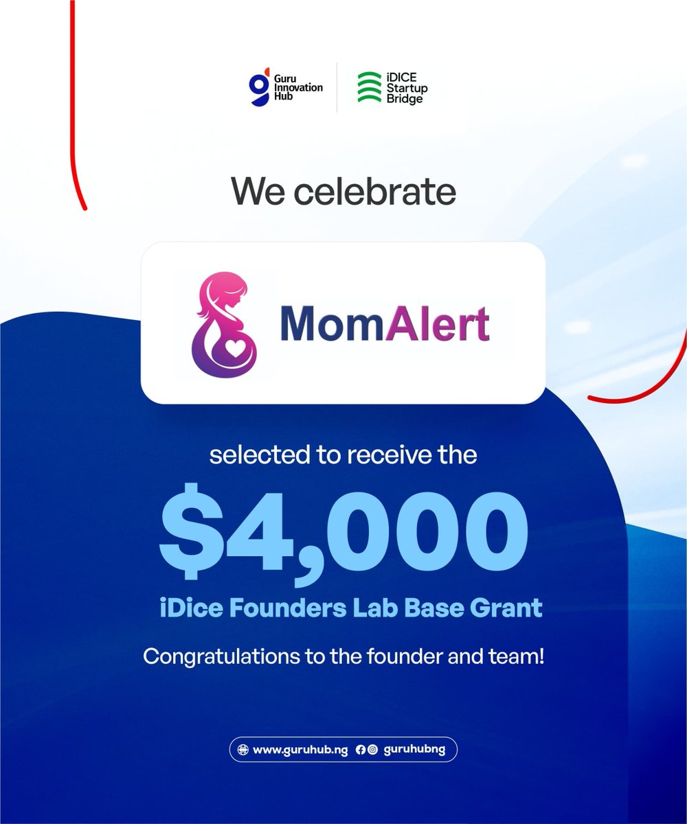 guruhubng's tweet photo. Two startups. Two grants. 

Congratulations to Trustee and MomAlert on receiving $4,000 iDICE Founders Lab Base Grants each.

Another win for Cross River’s growing innovation ecosystem. 

#iDICE #FoundersLab #GuruInnovationHub https://t.co/rrDVoBX4eu