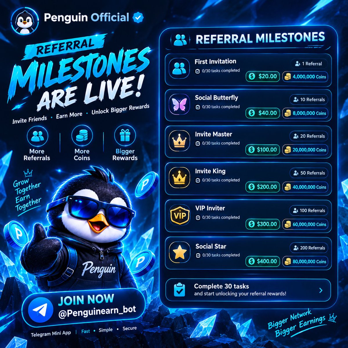 Penguinoffic's tweet photo. 🐧 Referral Milestones 

🥇 1st Invitation — $20 + 4M Coins
🦋 Social Butterfly — $40 + 8M Coins
👑 Invite Master — $100 + 20M Coins
👑 Invite King — $200 + 40M Coins
💎 VIP Inviter — $300 + 60M Coins
⭐ Social Star — $400 + 80M Coins

🔗 Join: https://t.co/1nVHhk1utO

#reworde https://t.co/dCe9TnH2vO