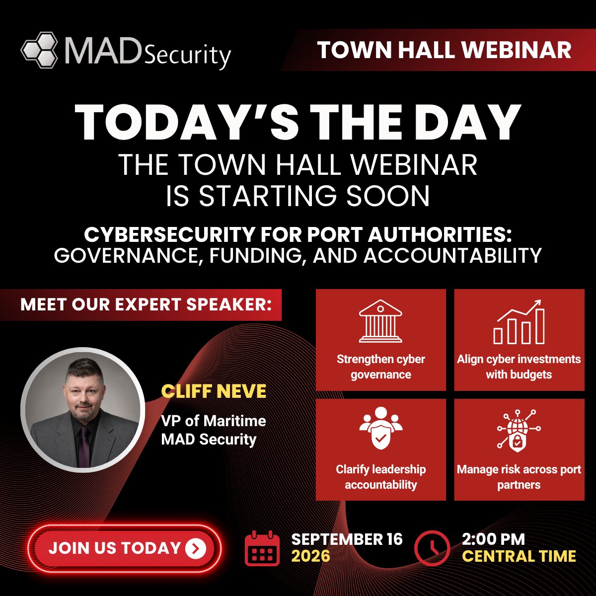 MADSecurityLLC's tweet photo. Port authority executives, board members, legal counsel, CIOs, and risk managers: Our September Maritime Town Hall is TODAY.
The registration link is in the comments.
#MADSecurity #CyberGovernance #MaritimeCybersecurity #MaritimeTownHallWebinar #PortAuthority https://t.co/S9Dgh6rgiQ