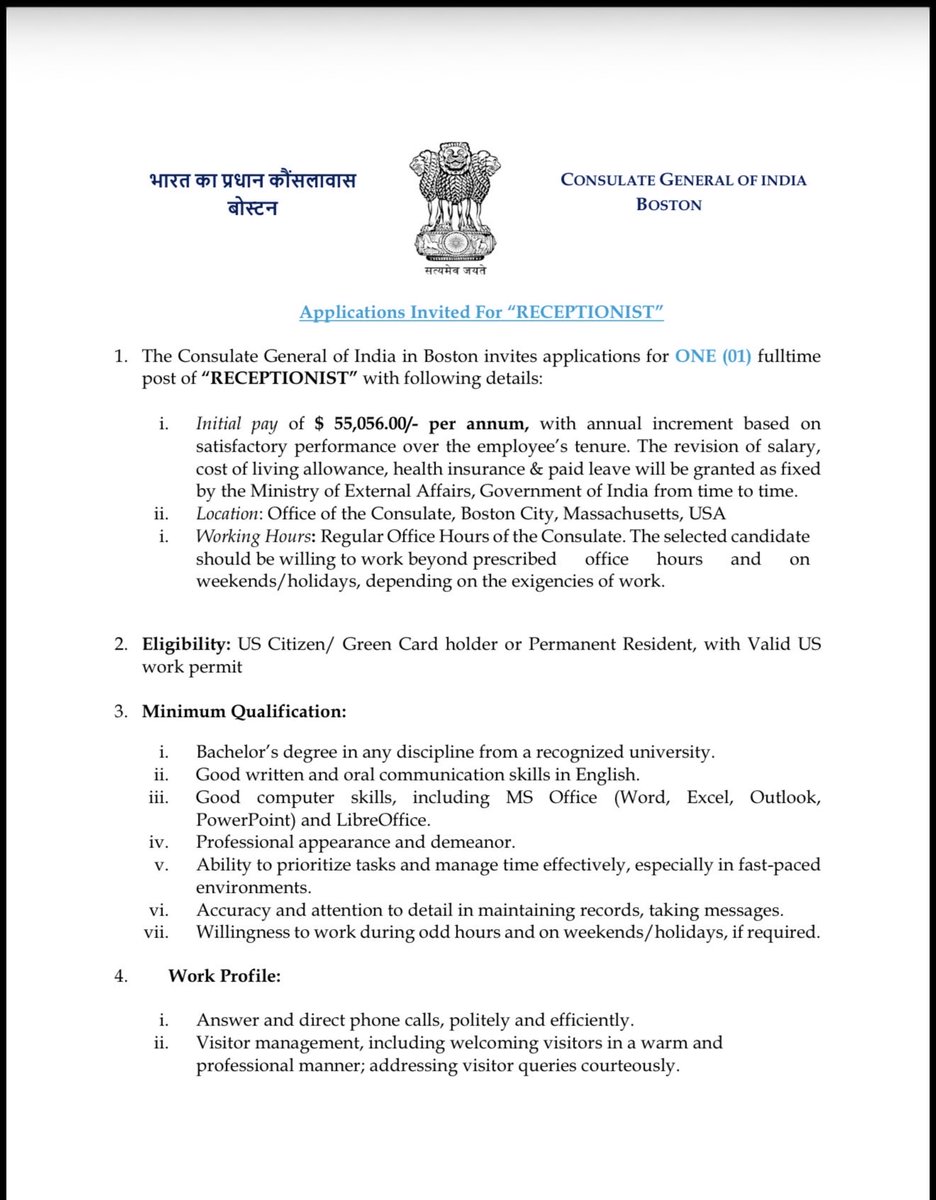IndiainBoston's tweet photo. 📢 Career at the Consulate ! 

The Consulate General of India in Boston is inviting job application for the post of Receptionist to join our team.

📍 Location: Boston
📅 Application deadline: 5 October 2026

🔗 Job details: https://t.co/BzUKuDgRkW

🔗 Application form : https://t.co/6MwvWKEvwg

#Vacancy #Jobs

@IndiainNewYork 
@IndianEmbassyUS
