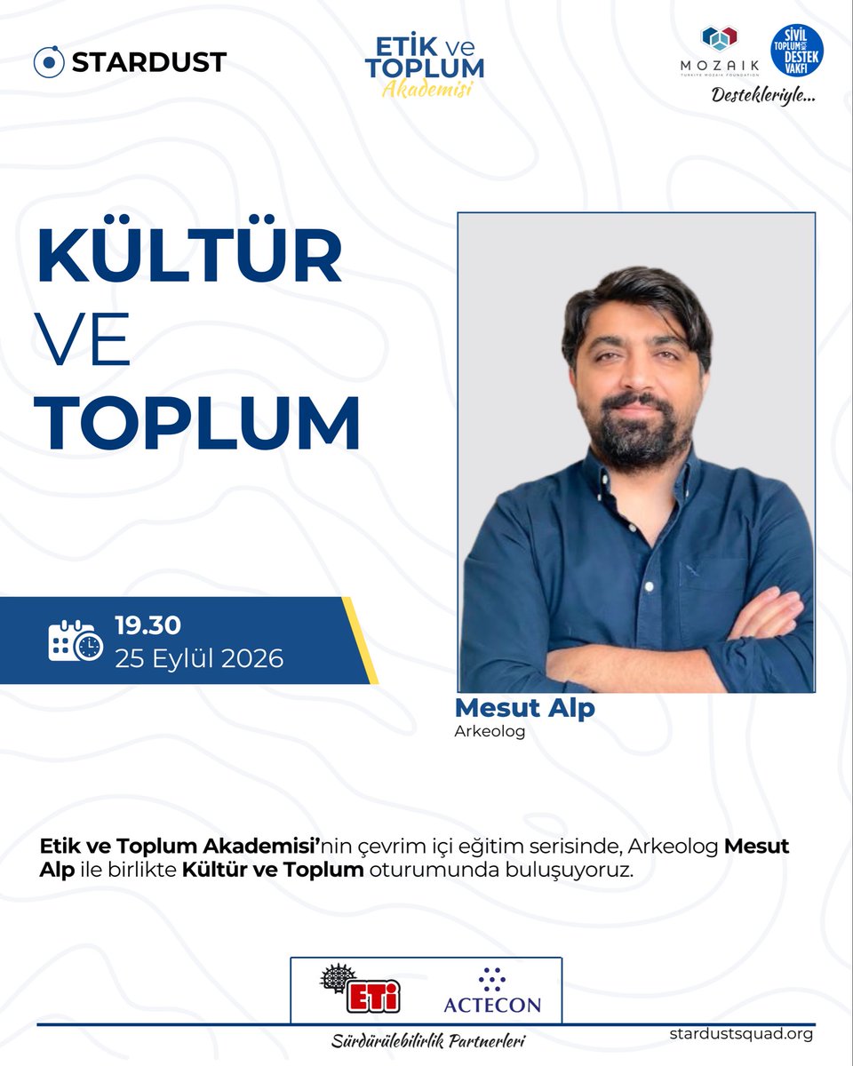 StardustSosyal's tweet photo. Arkeolog Mesut Alp rehberliğinde gerçekleştireceğimiz “Kültür ve Toplum” başlıklı oturumumuzda buluşuyoruz.

Eğitime ücretsiz katılım sağlamak için başvuru formunu doldurabilirsiniz.

https://t.co/l3oMlmbCvl https://t.co/BgJ6zLh5PB