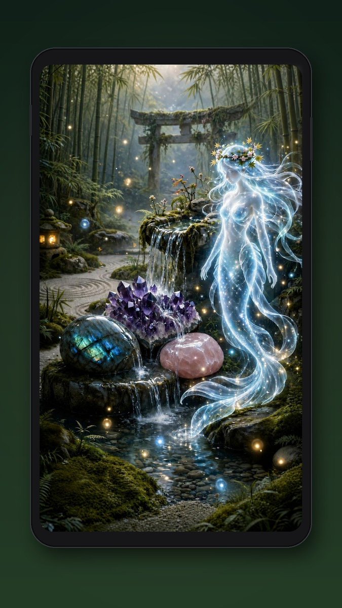 Roanemermaid's tweet photo. ✨ A new sanctuary just arrived ✨
A luminous spirit mermaid in a misty bamboo grove…
water singing over amethyst, labradorite, and rose quartz…
a sacred torii glowing in the distance.
I made this wallpaper to bring a little peace to your lockscreen — a quiet garden you can carry with you.
Amethyst Garden Sanctuary is now in my Payhip shop 💜
Link in the comments 🌊
May it wrap your day in calm and crystal light.
~ Roanemermaid 🧜‍♀️♓🎨🌊☮️💜
