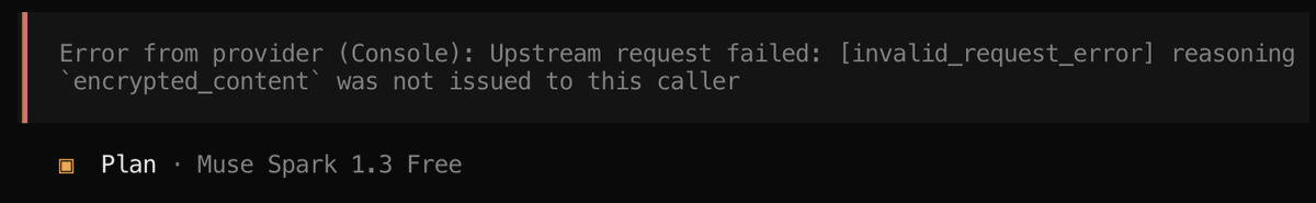 Prakash_Choks's tweet photo. Hitting the error below quite often with Muse Spark 1.3 Free @opencode @AIatMeta https://t.co/okvxnusURB