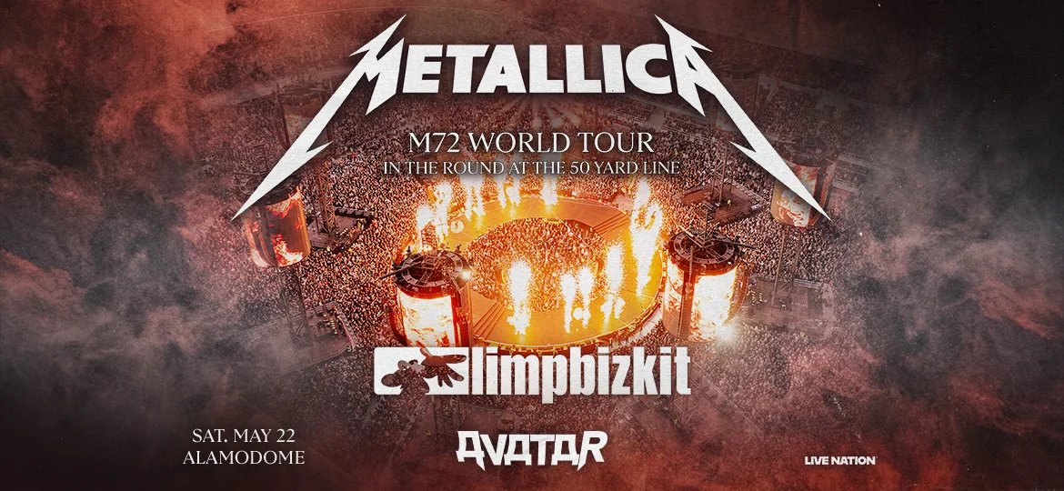 SanstinTX's tweet photo. 📷 METALLICA IS COMING BACK TO SAN ANTONIO! 
Metalheads — mark your calendars.
Metallica is bringing its M72 World Tour to the Alamodome on Saturday, May 22, 2027.
And they're bringing some serious company: Limp Bizkit and Avatar will join Metallica. https://t.co/gpYQIIQ5Nk