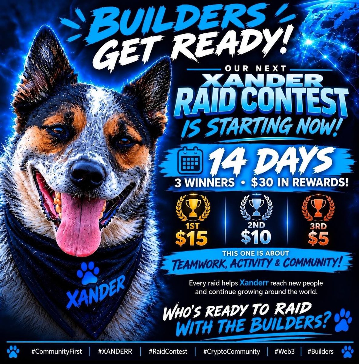 Xanderr1721's tweet photo. 🚨 BUILDERS — GET READY! 🚨

RAID CONTEST is starting NOW! 🖤💙🐾

🔥 14 Days • 3 Winners • $30 in Rewards!

🥇 1st — $15
🥈 2nd — $10
🥉 3rd — $5

This one is about TEAMWORK, ACTIVITY & COMMUNITY! Every raid helps Xanderr reach new people and continue growing around the world. 🌎🚀

Who’s ready to RAID with the Builders? 🔥👇

#CommunityFirst #XANDERR #RaidContest #CryptoCommunity #Web3 #Builders