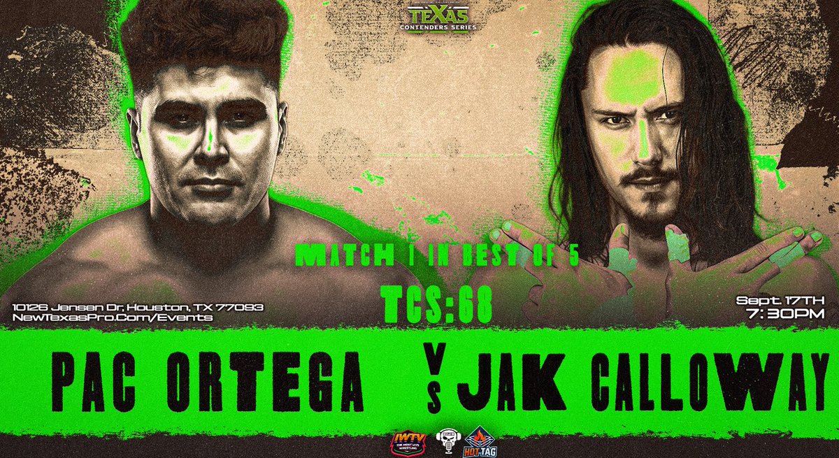 texascontenders's tweet photo. ❗️MATCH ANNOUNCEMENT❗️

Match 1 in a Best of 5 Series:
@PacOrtegaPro v @JakCalloway 

Live on @indiewrestling &amp; YouTube 
Sponsored by @HPCBadGuys 

#TCS68 • 9/17 • 7:30PM
HPA2 • Houston

🎟️: https://t.co/5q9PT7aDah https://t.co/kKClu5ayei