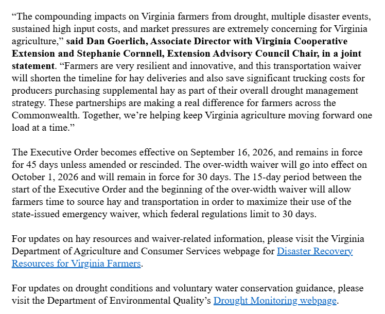 TylerEnglander's tweet photo. New: Per her office, @GovernorVA has "declared a State of Emergency to support Virginia farmers and producers in response to the statewide hay shortage caused by ongoing drought conditions." https://t.co/dgE2mA7A5B