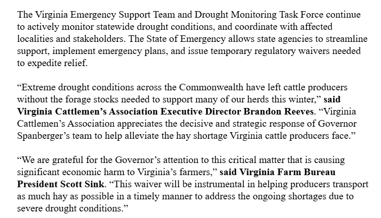 TylerEnglander's tweet photo. New: Per her office, @GovernorVA has "declared a State of Emergency to support Virginia farmers and producers in response to the statewide hay shortage caused by ongoing drought conditions." https://t.co/dgE2mA7A5B