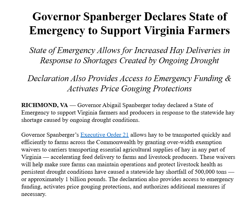 TylerEnglander's tweet photo. New: Per her office, @GovernorVA has "declared a State of Emergency to support Virginia farmers and producers in response to the statewide hay shortage caused by ongoing drought conditions." https://t.co/dgE2mA7A5B